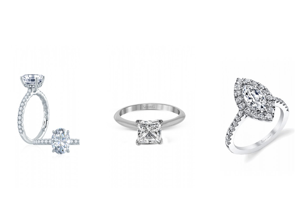 A sidestone engagement ring, a solitaire, and a halo engagement ring. A sidestone engagement ring, a solitaire, and a halo engagement ring.